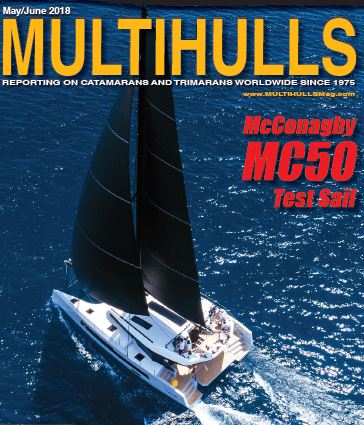 McConaghy 50 catamaran test sail Front cover Multihulls Magazine June 2018